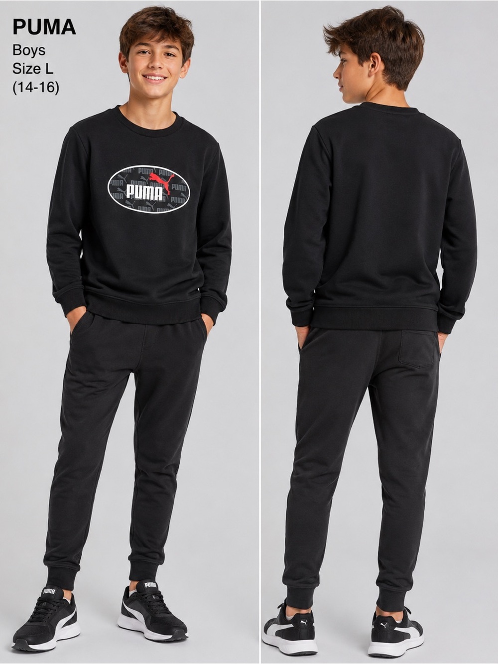 Puma Boys Black Logo Sweatshirt Size L (14-16) Long Sleeve Pullover